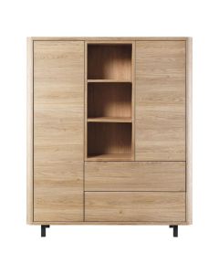 Wandkast Lirona old oak met twee deuren, twee laden, drie open vakken en zwarte metalen pootjes op witte achtergrond.
