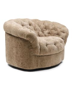 Draaibare armstoel Palma in wheat m&eacute;lange stof schuin van voren met ronde vorm en zachte gecapitonneerde zitting