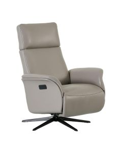 Grijze leren relaxfauteuil met hoge rug en zwarte draaivoet zijaanzicht