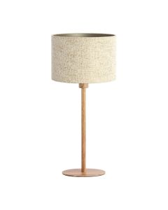 Tafellamp Boreray met beige ronde lampenkap en slanke voet in houtlook op ronde basis