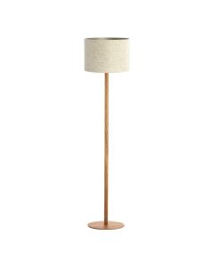 Vloerlamp Boreray met beige ronde lampenkap en slanke voet in houtlook op ronde basis