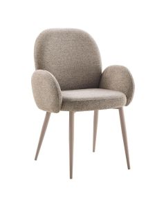 Taupekleurige armstoel Ranlo met ronde vormen, zachte weefstof en beige metalen poten, vooraanzicht