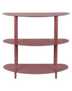 Metalen kast in burgundy rood met drie afgeronde planken en slanke poten, frontaal weergegeven tegen lichte achtergrond