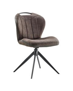Draaibare eetkamerstoel in antraciet microvezel met zwart metalen onderstel en verticale stiknaden in de rugleuning
