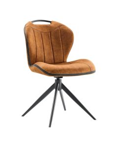 Draaibare eetkamerstoel in cognac microvezel met zwart metalen onderstel en verticale stiknaden in de rugleuning