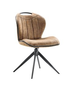 Draaibare eetkamerstoel in taupe microvezel met zwart metalen onderstel en verticale stiknaden in de rugleuning