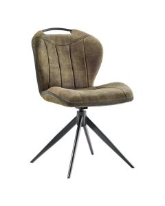 Draaibare eetkamerstoel in groen microvezel met zwart metalen onderstel en verticale stiknaden in de rugleuning