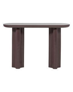 Donkerbruine sidetable Evara met hoogglans blad en twee speelse cilindervormige poten op witte achtergrond