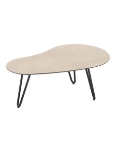 Organische salontafel Hano met licht HPL blad en zwarte metalen poten