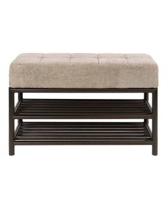 Schoenenbank Terra Drift Brown met lichtbruine gestoffeerde zitting en donker metalen frame met twee opbergvakken