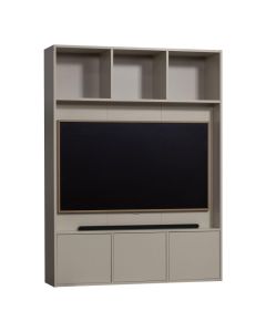 TV opbergkast in beige Dust kleur met open vakken bovenin en gesloten kastjes onder tv