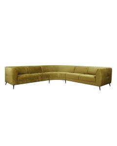 Hoekbank Wolcott met gebogen opstelling, groene stoffen bekleding en zwarte metalen poten.
