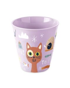 Lila beker met handgetekende kat illustratie uit de NORA Stories PURRS serie