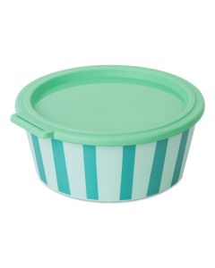 Groene kom met deksel en strepenpatroon in lichtgroen en wit op witte achtergrond