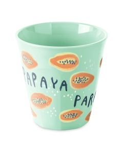 Groene beker met papaya illustraties en tekst Papaya Paradise op witte achtergrond