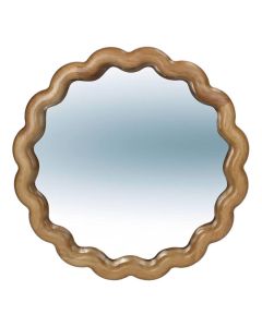 Ronde spiegel met golvende houten rand van rubberhout op witte achtergrond