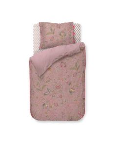 Dekbedovertrek Mumbai Morning Pink van Pip Studio met roze bloemenprint en gestreepte achterzijde
