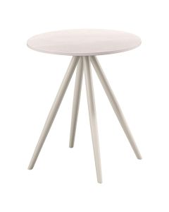 Ronde witte salontafel met keramisch blad en slanke lichtgekleurde poten