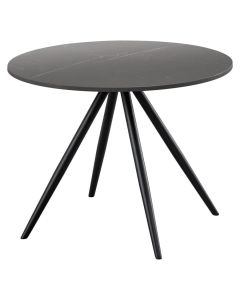 Ronde zwarte salontafel met keramisch blad in marmerlook en slanke zwarte poten