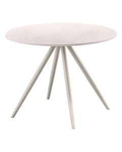 Ronde salontafel van 60 cm met wit keramisch blad en slanke lichtgekleurde poten