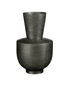 Antraciet vaas met ronde bolle vorm, smalle hals en fijne structuur op het oppervlak