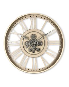 Ronde metalen wandklok in taupe met open ontwerp, Romeinse cijfers en zichtbare tandwielen in het midden