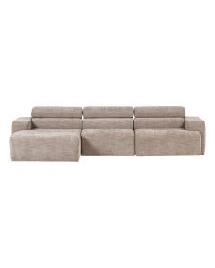 Grote chaise longue bank links in naturel melange stof met brede zitkussens en verstelbare rugdelen op witte achtergrond