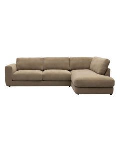 Hoekbank Matera in taupe stof met chaise longue rechts, frontaal op witte achtergrond