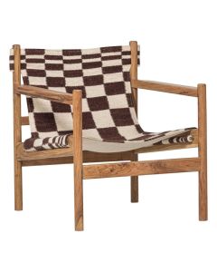 WOOOD Zano fauteuil van acaciahout met bruin-cr&egrave;me kelim zitting in ruitpatroon