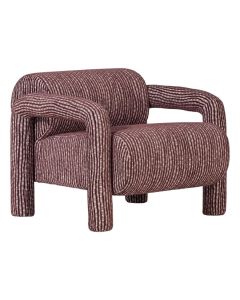 Fauteuil Lenny in bordeauxrode stof met grafisch dessin en afgeronde armleuningen op witte achtergrond