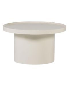 Ronde bijzettafel Veluna in zandkleur met hoogglans blad en brede cilindervormige poot op witte achtergrond