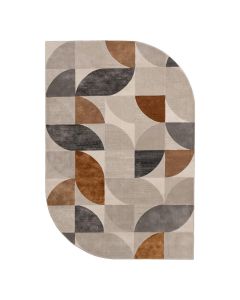 Groot vloerkleed met afgeronde hoek en grafisch patroon in beige, taupe, bruin en antraciet