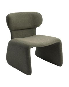 Olijfgroene fauteuil met ronde rugleuning en doorlopende zitting die overgaat in de poten