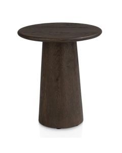 Ronde bijzettafel Ravello basalt met donkere houtstructuur en taps toelopende voet