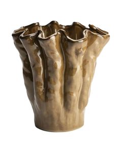 Bruine keramieken vaas met golvende rand en glanzend oppervlak in verschillende tinten bruin