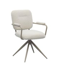 Eetkamerstoel Cielo Pearl met boucl&eacute; stof en metalen draaipoot schuin van voren