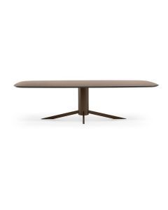 Eetkamertafel Dutchz 4301 in brons met organisch afgerond HPL-blad en kolompoot in Anodic Brown.