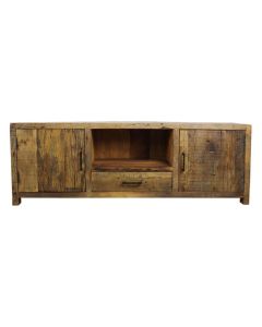 TV-kast Wilshire 160 cm van massief hout met twee deuren, open vak en lade.