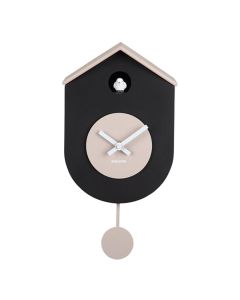 Karlsson Grato Cuckoo wandklok zwart met warmgrijze details en slinger vooraanzicht