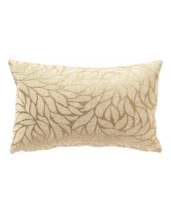 Rechthoekig sierkussen in perkament met ingeweven bladpatroon op lichte achtergrond