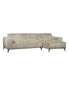 Elementenbank Wisdom in lichte boucl&eacute; met chaise longue en zwarte metalen poten.