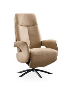 Relaxfauteuil Balfour in lichtbruin microleder met hoge rugleuning en zwarte metalen draaivoet.