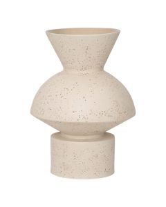 Witte vaas met brede ronde buik, smalle hals en gespikkeld oppervlak, frontaanzicht