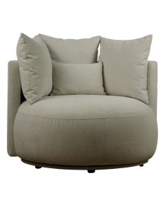 Draaibare Fauteuil Weyland met ronde zitting en losse rugkussens in lichtbeige stof.