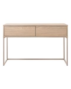 Sidetable Parete lichtbruin met twee greeploze laden en slank metalen frame op witte achtergrond