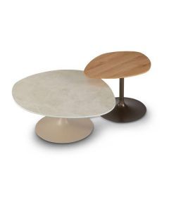 Salontafel Jakarta met organisch gevormd blad en licht aluminium onderstel