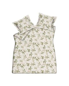 Dekbedovertrek Mosswood cream tan met botanisch patroon van groene bladeren en besjes