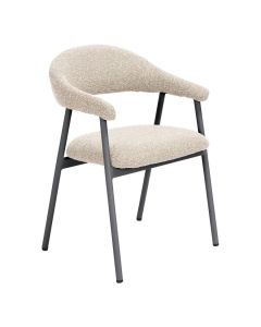 Beige boucl&eacute; armstoel Dioso met zwart metalen frame en ronde armleuningen schuin van voren