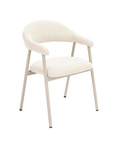 Armstoel Dioso in ecru boucl&eacute; met taupekleurig metalen frame schuin van voren