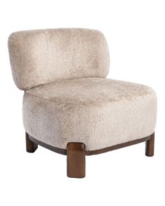 COCOmaison fauteuil Rhodi Taupe schuin van voren met boucl&eacute; stof en houten poten